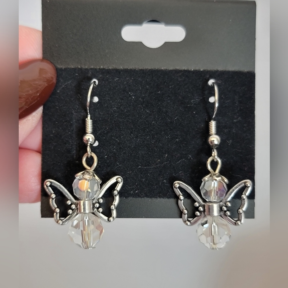 Handcrafted Silver & Faux Crystal Angel Earrings
